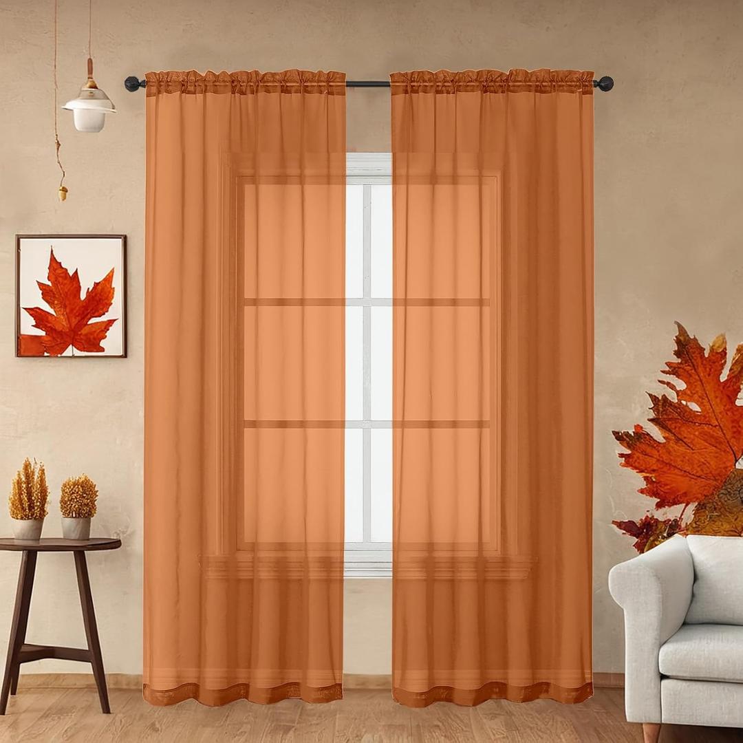 OWENIE Sheer Curtains 63 inch Length 2 Panels Set, Rod Pocket Voile Fimly Sheer Drapes for Living Room/Bedroom, 2pcs, Each 42" W x 63" L, Orange