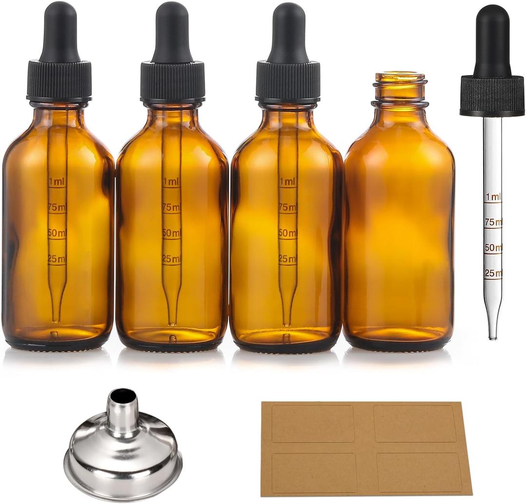 4 Pack 1 oz Glass Dropper Bottles with Measured Dropper - 30ml Dark Amber Tincture Bottles with Graduated Calibrated Glass Eye Droppers (1ml) for Essential Oils, Liquids - Leakproof Travel Bottles