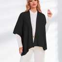 PULI Womens Cable Knit Open Front Poncho Sweater Chunky Warm Shawls Cape for Fall Winter (Black)