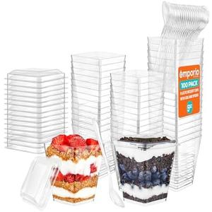 Emporio Kitchen 5oz Plastic Dessert Cups with Lids and Spoons - Appetizer Cups for Pudding, Parfait, Ice Cream, and Cocktails, BPA-Free, Clear Reusable Serving Cups, Elegant Design, Pack of 100