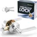 Entrance Door Handle Lock with Keys, Reversible for Right Left Side, Not Keyed Alike Entry Lever Lock Set, Turn-Thumb Locking, Perfect for Office, Interior Exterior Front Gate, Bedroom, Satin Nickel