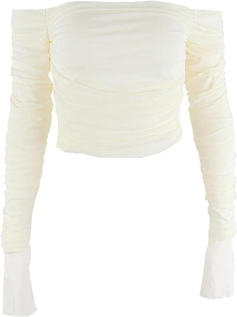 Mesh Patchwork Women Long Sleeve Crop T Shirt Ruched Off Shoulder Bodycon Sexy Elegant Streetwear Spring Summer (Large, Yellow)
