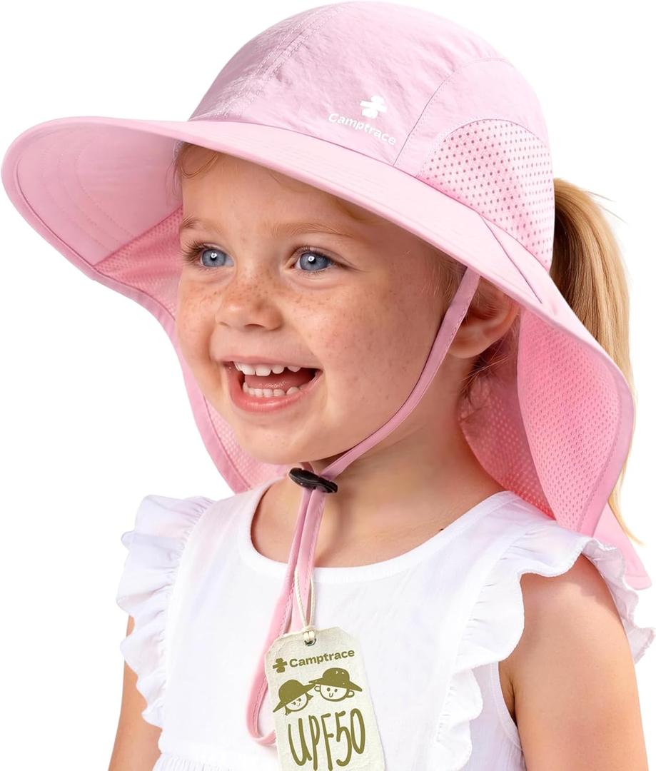Camptrace Toddler Kids Sun Hats with Neck Flap UPF 50+ UV Protection Wide Rigid Brim Boys Girls Beach Swim Sunhat (Pink, M)