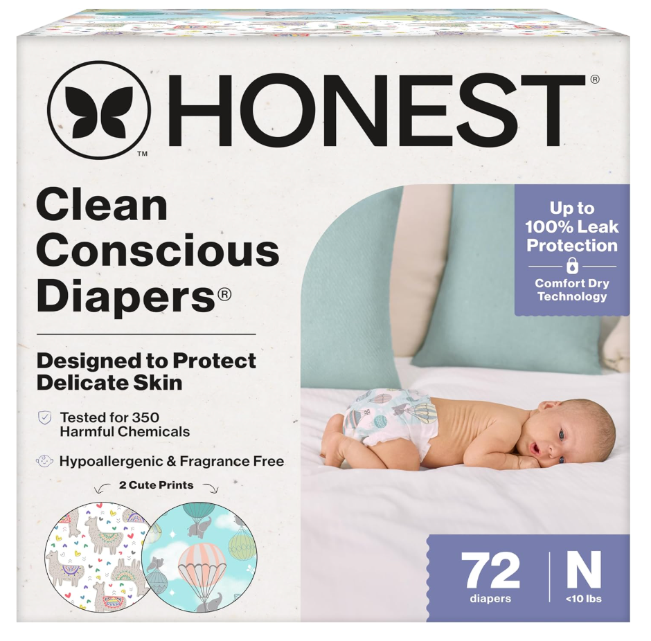 The Honest Company Comfort Dry Disposable Diapers for Sensitive Skin, Hypoallergenic, Above It All + All the Alpacas, Club Box Size Newborn 72 Count