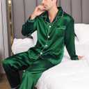 2 x Men's Silky Satin Pajama Sets Mens Sleepwear Big and Tall Pajamas for Men Loungewear Summer Pjs Lounge Set M-5XL (Green)
