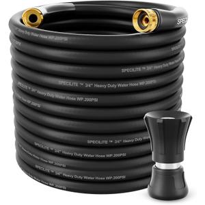 SPECILITE 3/4" Garden Hose 200 ft with High Flow Nozzle, Heavy Duty Flexible Hybrid Rubber Water Hose for Outdoor, Lightweight, Leak-Proof, No-Kink, 3/4"Brass Fittings,Black