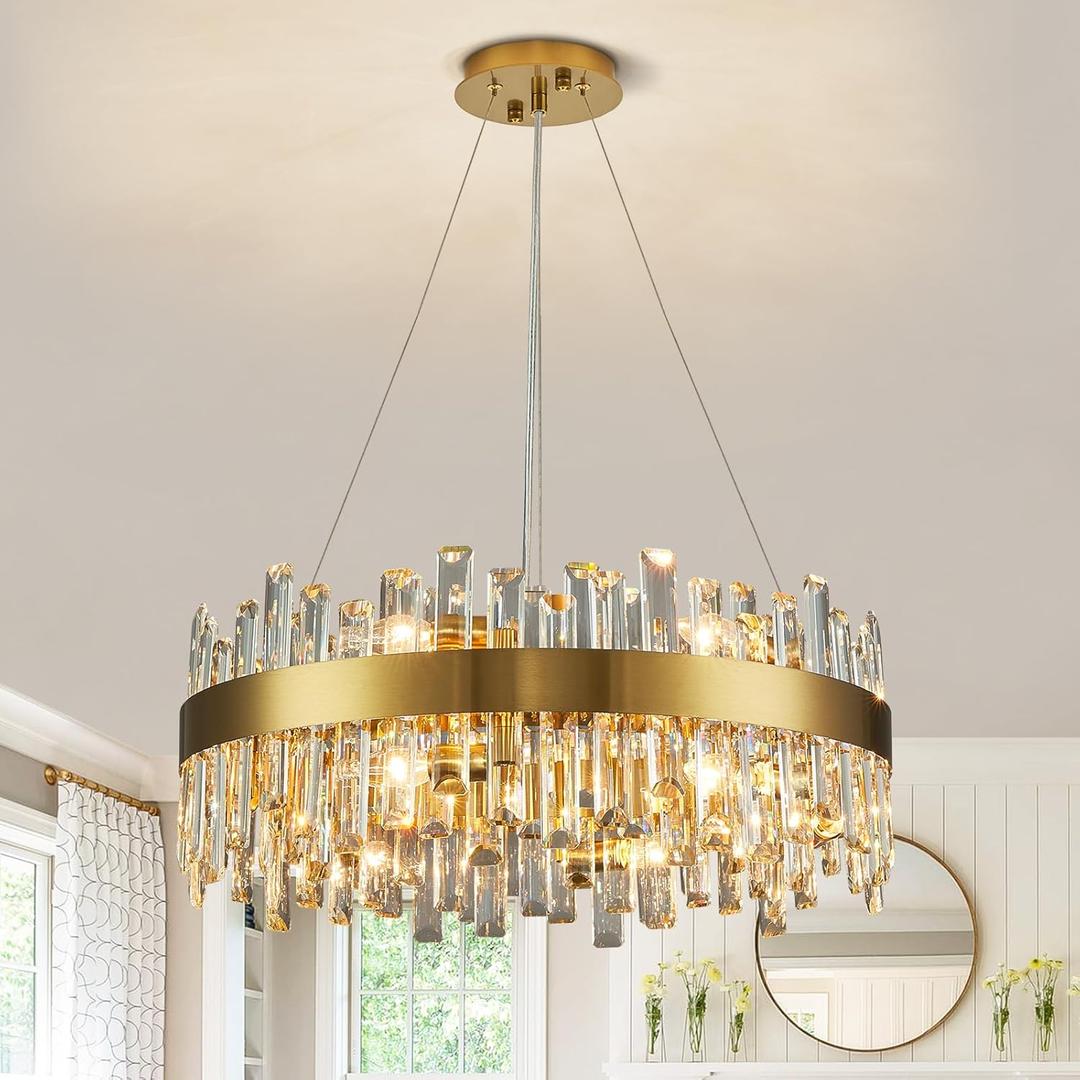 Siljoy Modern Crystal Chandelier 12-Light Brushed Gold 2-Tiers Crystal Raindrop Chandelier Adjustable Flush Mount Pendant Ceiling Light Fixture for Dining Living Room Foyer Entryway D23.6''