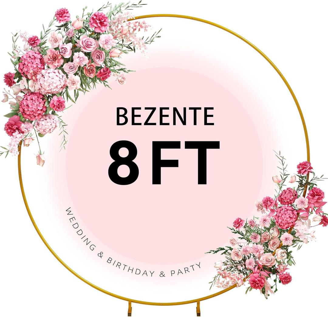 Bezente 8ft Round Backdrop Stand, Golden Metal Balloon Arch Stand, Stable Wedding Arch Circle Backdrop Stand Frame for Wedding Birthday Baby Shower Party Decoration