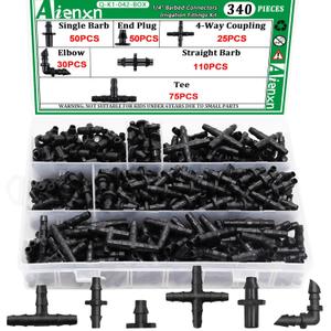 340PCS 1/4" Drip Irrigation Kit Barbed Connectors, Straight Barb, Tee, Single Barb, End Plug, Elbow, 4 Way Coupling Irrigation Fittings for Garden Lawn Flower Pot
