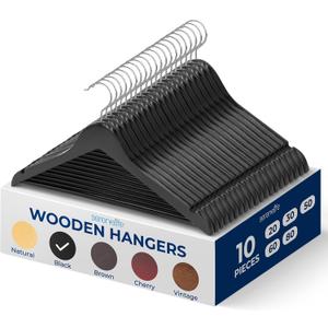 SereneLife 10 Pack Wooden Coat Hangers, Natural Wood Suit Hangers with Non-Slip Pant Bar, with 360-Degree Rotatable Hook, for Closet Organization, Shirts, Jackets, Dresses, and Pants (Black)