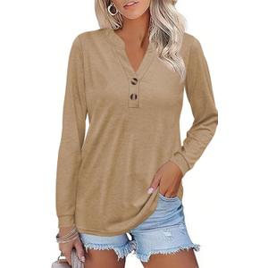 Women Button Down Henley Shirts V Neck Long Sleeve Fashion Dressy Casual Tops Trendy Blouses Loose Fit Tunic (Beige, XL)