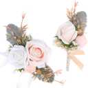 Fnize Champagne Corsage and Boutonniere Set for Bride Groom Bridesmaids Groomsmen Wedding Homecoming Prom Flowers Artificial Rose Boutonniere and Wrist Corsage Flower