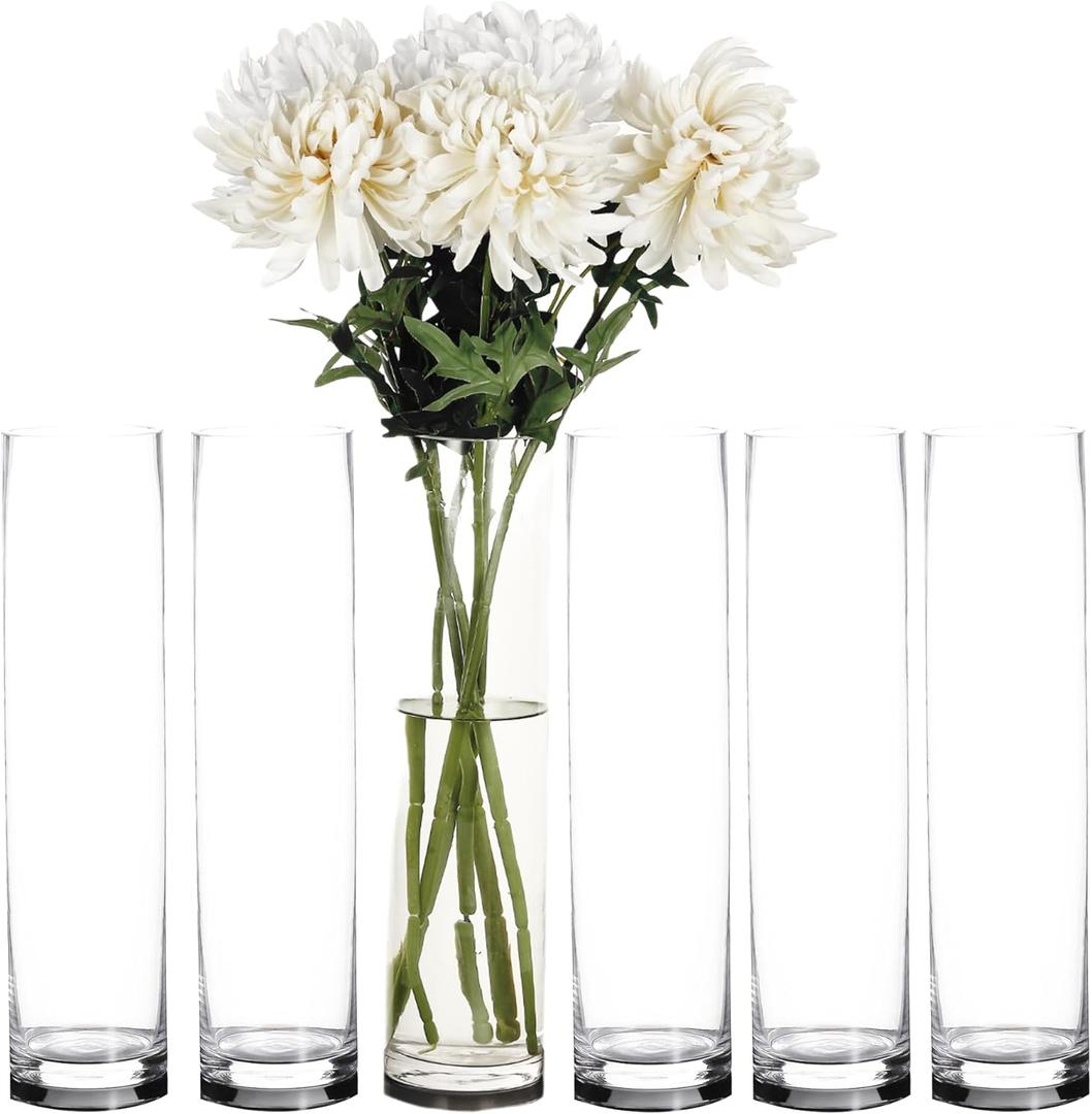 Craft and Party Cylinder Glass Vase, 6 Pack 24" Clear Cylinder Vases, Cylinder vase for Wedding Centerpiece, 4" Diameter Opening.