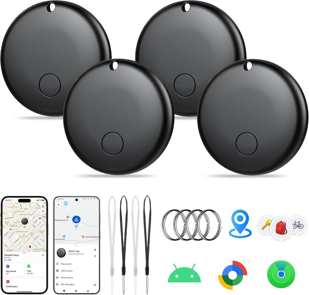 2025 Air Tracker Tags-4 Pack Item Locator for Android & iOS Bluetooth Tracker,Key Finders,Smart Tags Work with Apple Find My & Google's Find Hub (Black, for Android & iOS for iOS (4 Pack)
