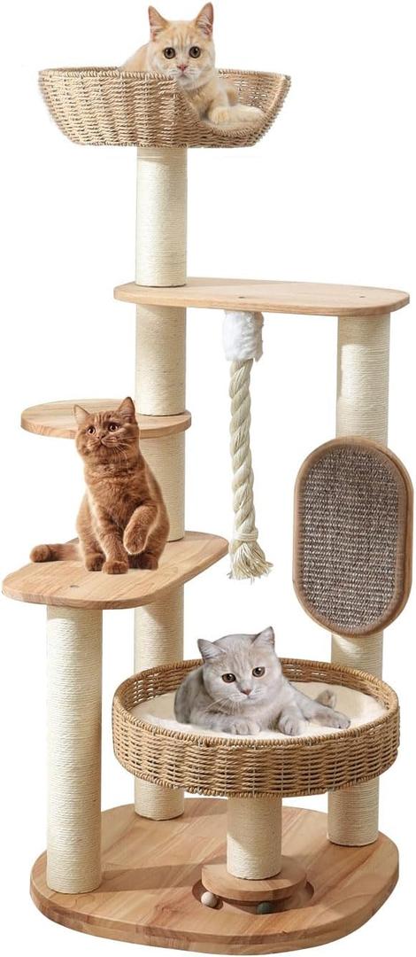 Wooden Cat Tree for Large Cat, 49.6IN Tall Cat Tower with Scratching Post for Indoor Cats, Multi-Level Cat Condo with Hand-Woven Cat Bed and Scratching Board Easy to Clean