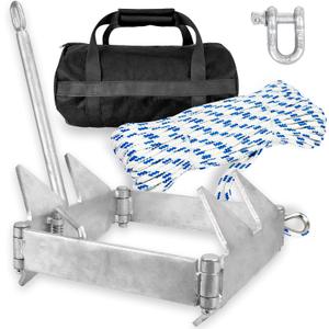 Young Marine Boat Slide Folding Anchor Kit, Hot Dipped Galvanized Sliding Anchor with Nylon Anchor Rope,Shackle,Storage Bag for 24ft to 40ft Offshore Sport Boats, Pontoon Boats