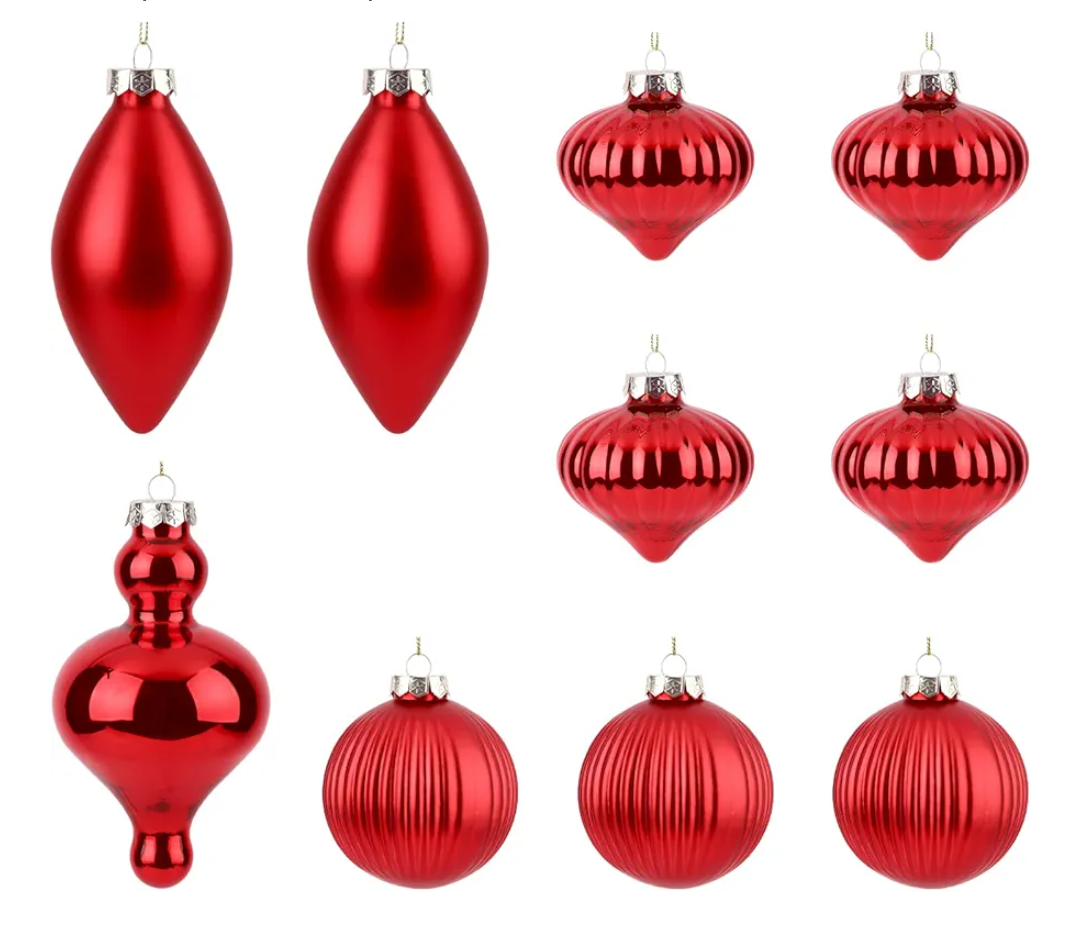 10Pcs Multiple Styles Glass Christmas Ball Ornaments for Tree Decorations, Red Christmas Balls Finials Glass Hanging Ornaments for Christmas Holiday Party Home Decor, Xmas Decor, Red