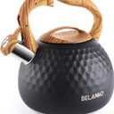 BELANKO 2.7 Quart Tea Kettle for Stovetop - Food Grade Stainless Steel with Diamond Texture, Designer Teapot Look, Cool-Touch Wood Pattern Handle, Whistling Spout - Matte Black
