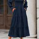 KIRUNDO Spring Dresses for Women 2026 Wedding Guest Maxi Long Sleeve Summer Smocked High Waist Flowy Party Cocktail Dress (Small, Navy)
