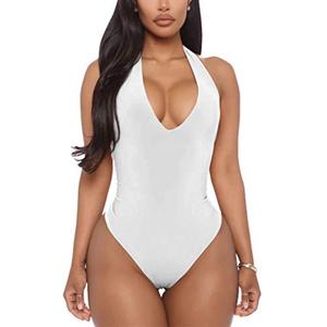 YMDUCH Women's Sexy Sleeveless Halter V Neck Backless Leotard Bodysuit Tops White Medium