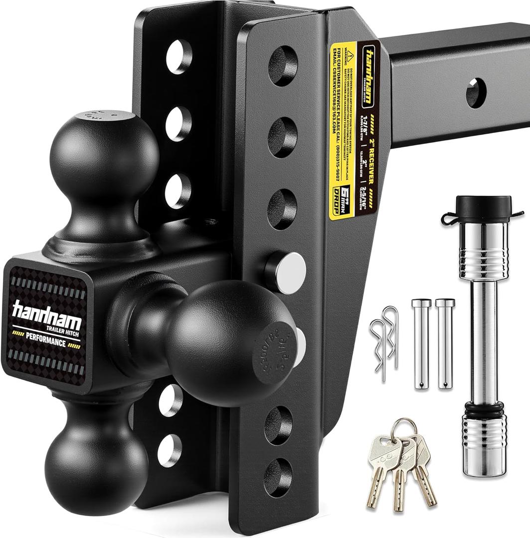 Drop Hitch Adjustable Trailer Hitch, Tow Hitch with 6-Inch Drop/Rise for Truck (16,500 LBS GTW), Adjustable Drop Hitch Fits 2-Inch Receiver, Trailer Hitches with Double Anti-Theft Pins Locks