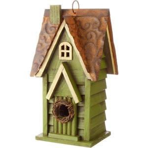 Glitzhome 12" H Green Hanging Distressed Solid Wood Garden Bird House Decorative Birdhouse