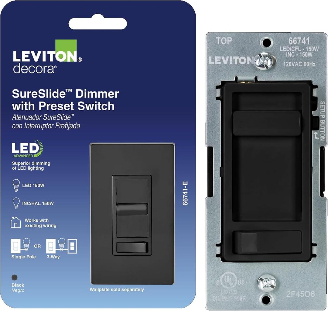 Leviton SureSlide LED Advanced Dimmer Switch for 150W Dimmable LED, Halogen and Incandescent Bulbs and Fixtures, 66741-E, Black