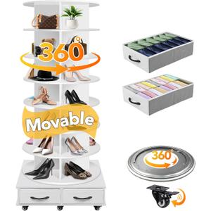 8 Tier Rotating Shoe Rack Tower Contains 2 Drawers, Spinning Shoe Rack Display Lazy Susan, Revolving 360 Shoe Racks Storage Round Carousel, Equipped with 5 Universal Wheels with Brake Function