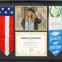 Graduation Shadow Box Frame 26x21.5 Inch, Double-Sided Stole Display with 2 Certificate Holders, 8.5x11 Document Frame with Tempered Glass, Wall Mount Memory Keepsake