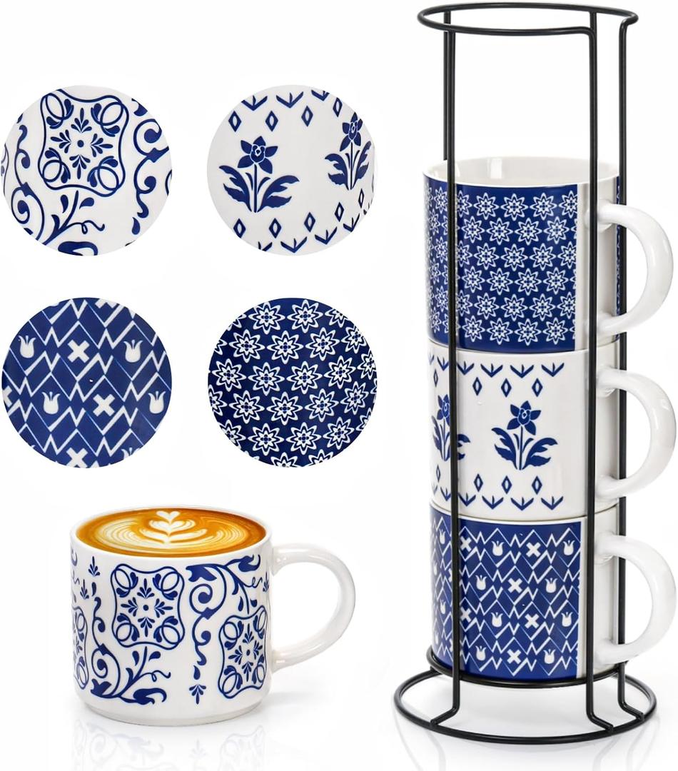 Eorbow 4 Pack Ceramic Coffee Mug Set with Rack, 16 OZ Stackable Cappuccino Cups with Metal Stand, Blue and White Porcelain Tea Mugs for Latte, Americano, Milk, Hot Cocoa, Beverages, Microwave Safe