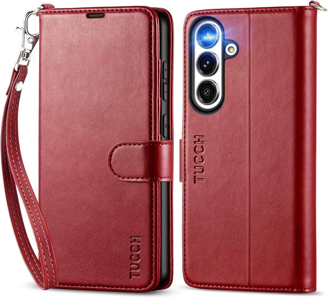 TUCCH Wallet Case for Galaxy S25 Plus, Lanyard [Wriststrap] Magnetic PU Leather Stand [RFID Blocking] Card Slot Flip Cover with TPU Inner Case Compatible with Galaxy S25 Plus, Dark Red with Wristlet