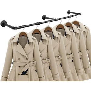 Industrial Iron Pipe Clothes Hanging Bar DIY Wall-Mounted Garment Rack Heavy Duty Clothing Rack for Bedroom, Laundry Room, Closet Storage (Black 50 inch)