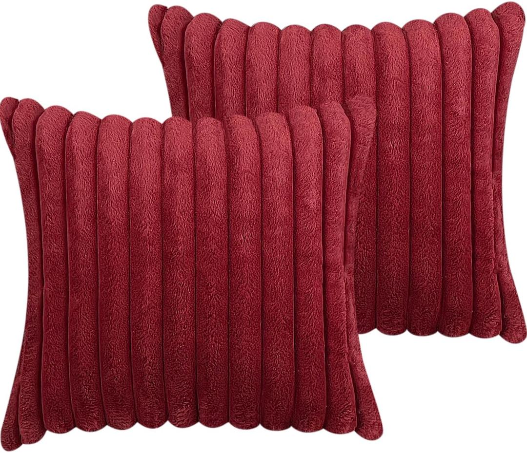 18x18 Throw Pillow Covers Set of 2, Decorative Faux Fur Covers for Bed, Couch Soft Fluffy Pillow Cover with Velvet Back for Living Room, Neutral Home Dcor Accent for Sofa - Wine Red