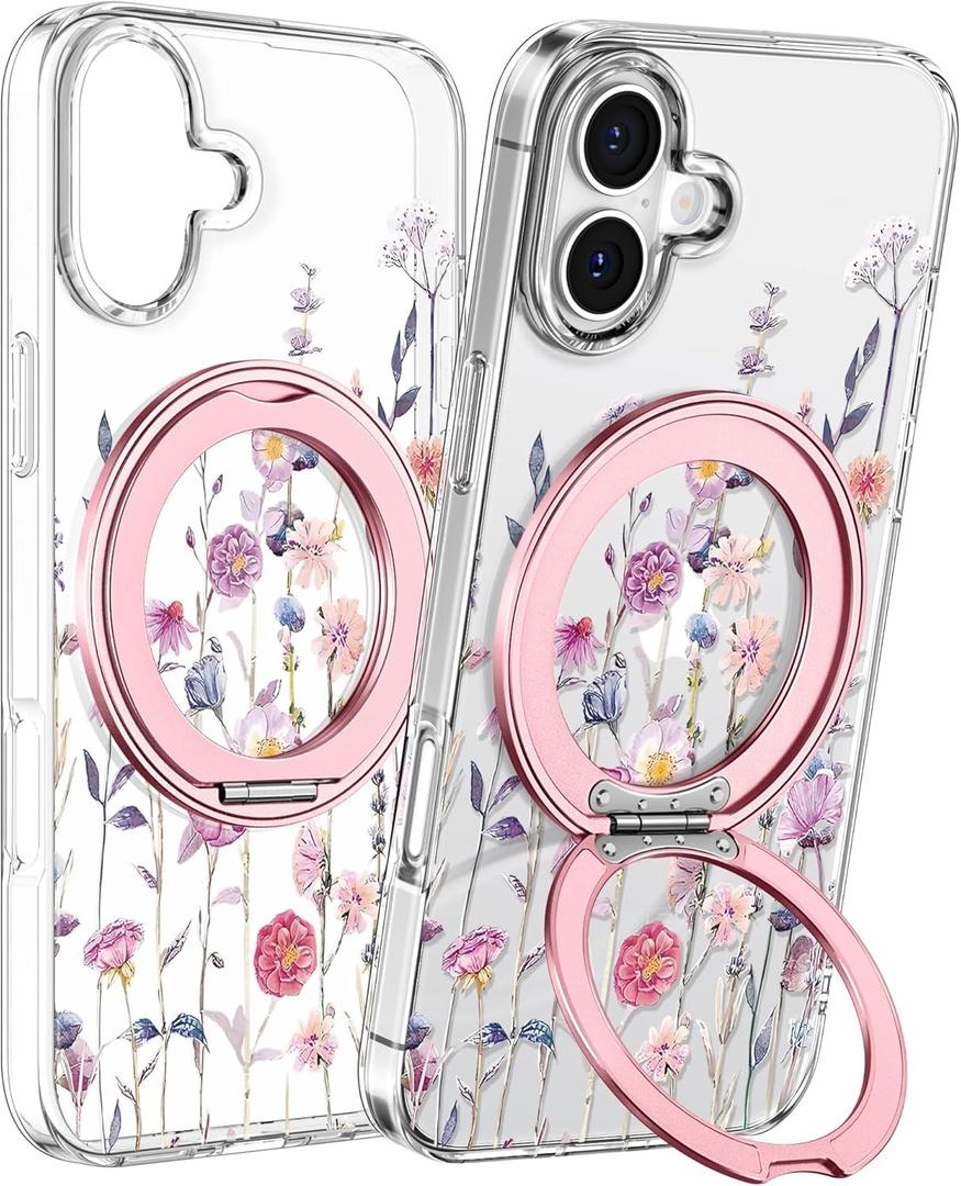 Loheckle for iPhone 17 Case - Compatible with MagSafe Stand Women Girls Cute Clear Girly Aesthetic Kawaii Unique Design Soft TPU Built-in Magnetic Stand Phone Cover for Apple 17, Purple Flower