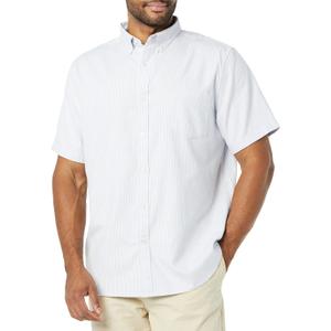 Amazon Essentials Men's Slim-Fit Short Sleeve Stretch Oxford Shirt with Pocket (Medium, Powder Blue Vertical Stripe)