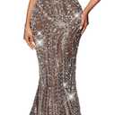 Women's Square Neck Sequin Beaded Mermaid Formal Evening Dress Spaghetti Strap Bodycon Prom Party Cocktail Maxi Gown (Coffee Brown, M)