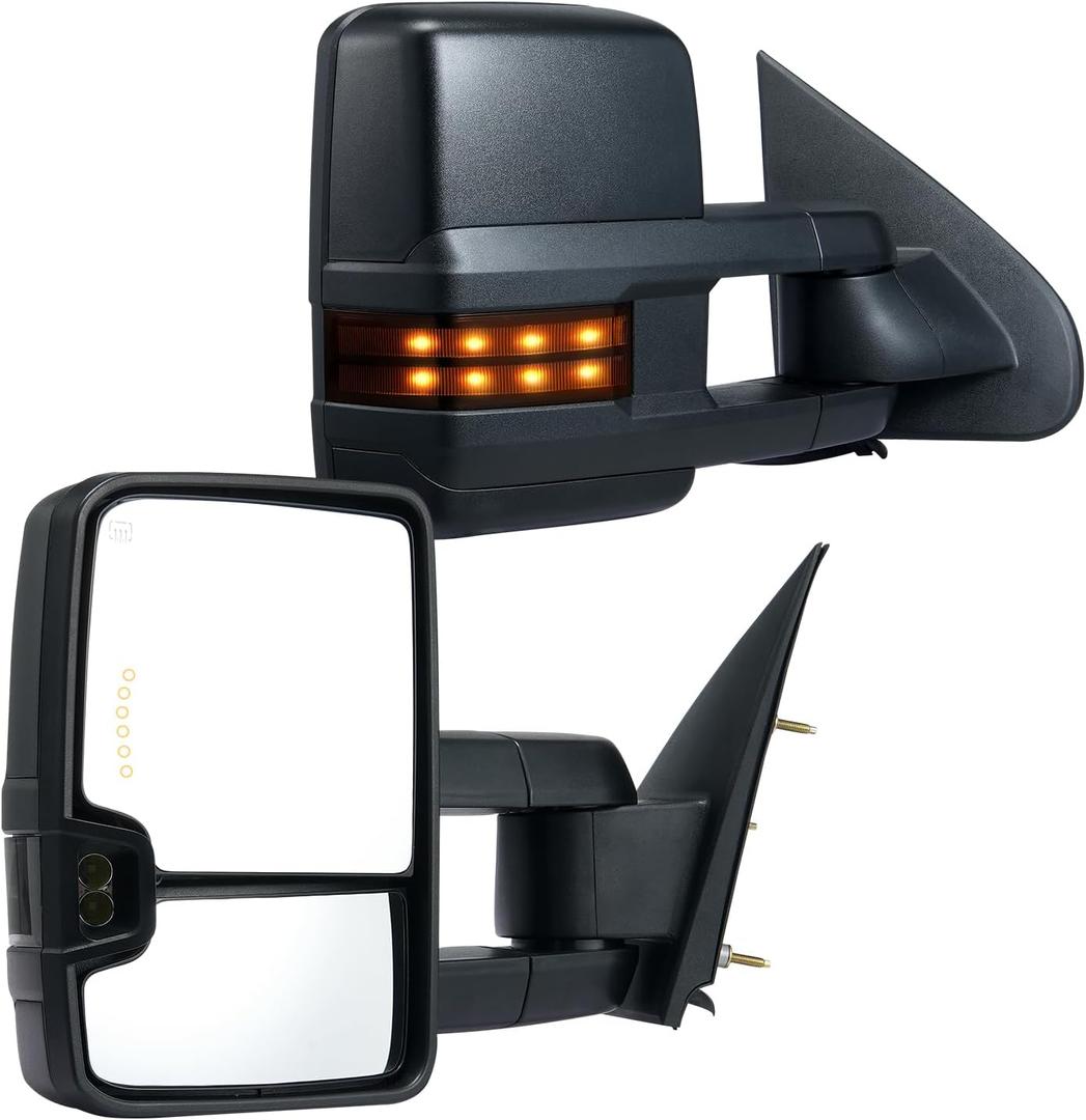 VEVOR Towing Mirrors, Left & Right Pair Set for Chevrolet Silverado (2003-2007)/GMC/Cadillac, Power Heated with Signal Light & LED Driving Light, Manual Telescoping Folding, and Heating Defrost, Black