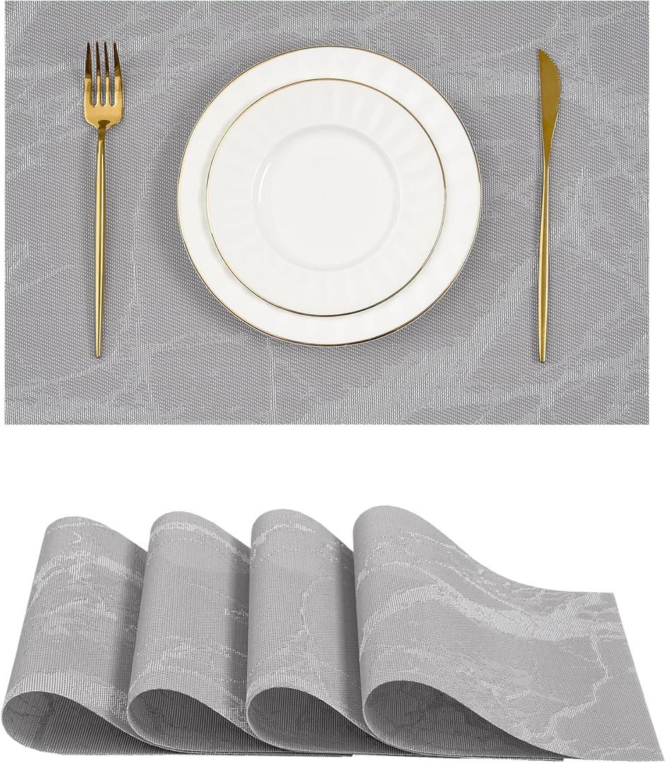Leetaltree Reversible Marble Placemats Set of 4  Ships Flat and Stays Flat, Durable Washable Vinyl PVC Placemats, Heat Resistant, Easy Wipe Clean (Gray Marble Pattern)