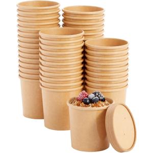 Juvale 50-Pack 12 oz To Go Soup Containers with Lids, Disposable Paper Bowls with Vented Lids, Cups for Ice Cream, Dessert, Frozen Yogurt, Oatmeal (Brown)
