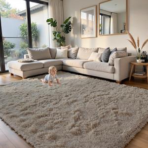 Fluffy Rug Shaggy Area Rug, Beige 8x10 Area Rugs for Living Room, Large Shag Area Rugs for Bedroom Kids Room Home Decor, Upgrade Anti-Skid Rectangular Fuzzy Rugs