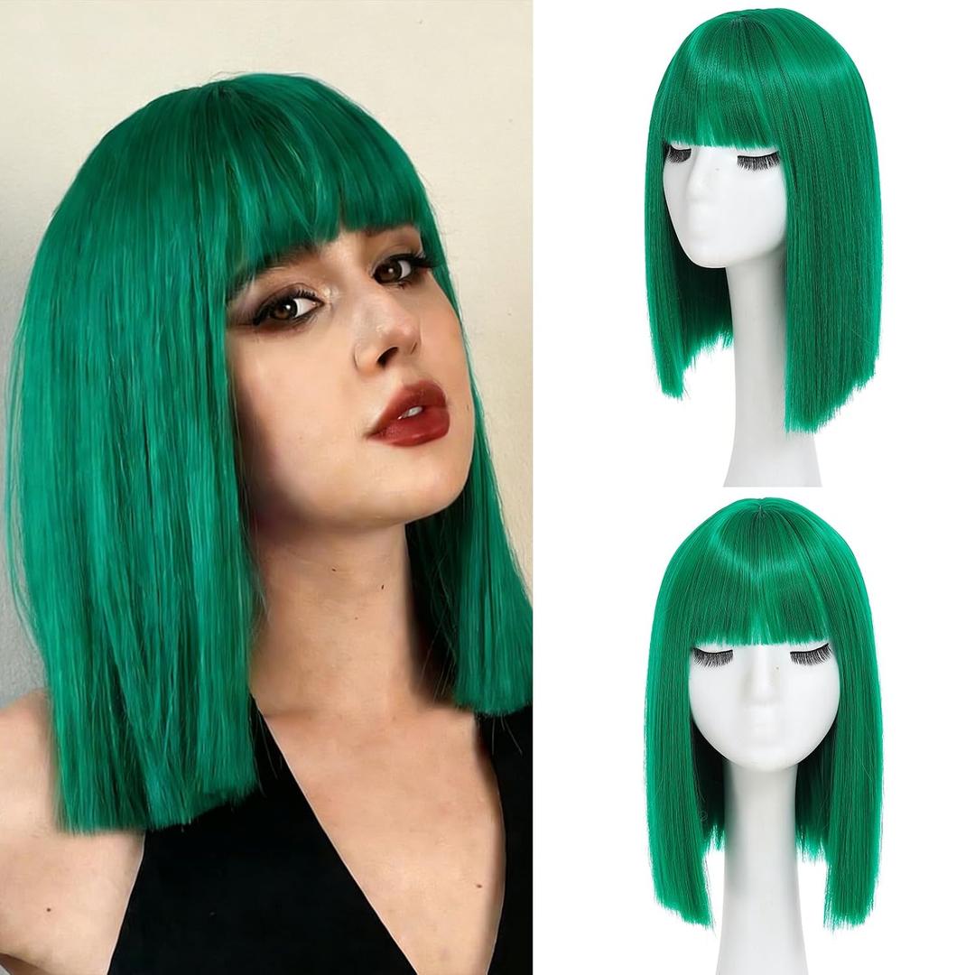 Green Bob Wig With Bangs - Heat Resistant 14Inch Synthetic Hair, Short Straight Shoulder Length Natural-Looking Cosplay Wig for Daily Use, Parties & Women Girls