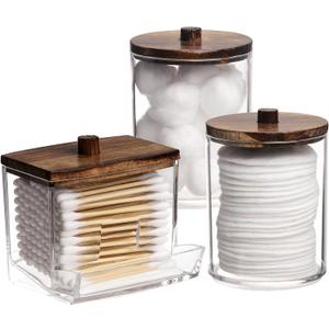 Tbestmax Qtips Holder Bathroom Container, 10/7 OZ Cotton Ball/Swabs Dispenser, Apothecary Jar Organizer for Storage Brown Wood Lids