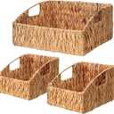 Ollieroo Natural Water Hyacinth Storage Baskets, Handwoven Wicker Storage Bins with Built-in Handles, Storage Container Baskets for Shelves, Bedroom, Bathroom, Laundry Room or Kitchen(Set of 3) (Yellow)