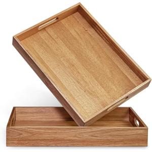 Acacia Wood Serving Tray with Handles Set of 2 Decorative Serving Trays Platter for Breakfast in Bed, Lunch, Dinner, Patio, Ottoman, Coffee Table, BBQ, Party Great for Lap &Couch