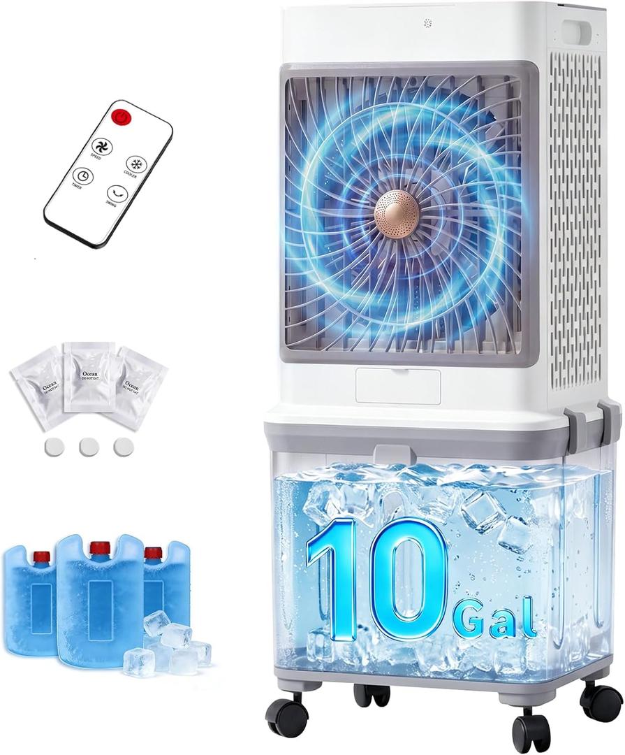 Flymoon Upgraded Cooling 10 Gallon Evaporative Air Cooler, Swamp Cooler with 120° Oscillation, 7-Hour Timer, Remote Control, Detachable Tank for Portable Air Conditioners, for Bedroom, Garage