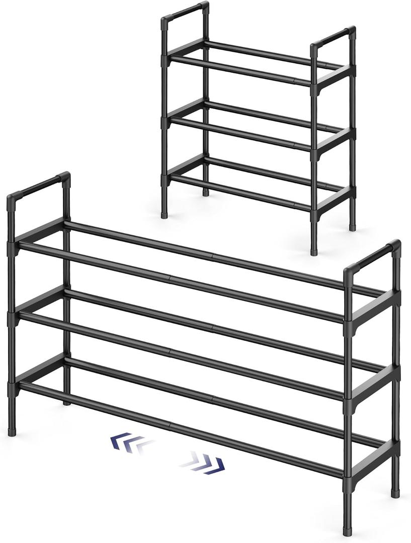 Kitsure Shoe Rack for Closet - Expandable Shoe Rack for Front Door Entrance, Rustproof Shoe Organizer for Entryway with Portable Handles, Black, 17.3~30.2 x 22.4