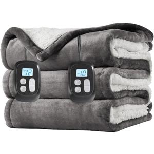 LaffyLo Electric Heated Blanket King Size 90 x 100, Dual Control, Fast Heating Blanket, Dual-Sided Flannel Sherpa, 10 Heat Settings, 1-12 Hour Auto Off, Machine Washable, Light Grey