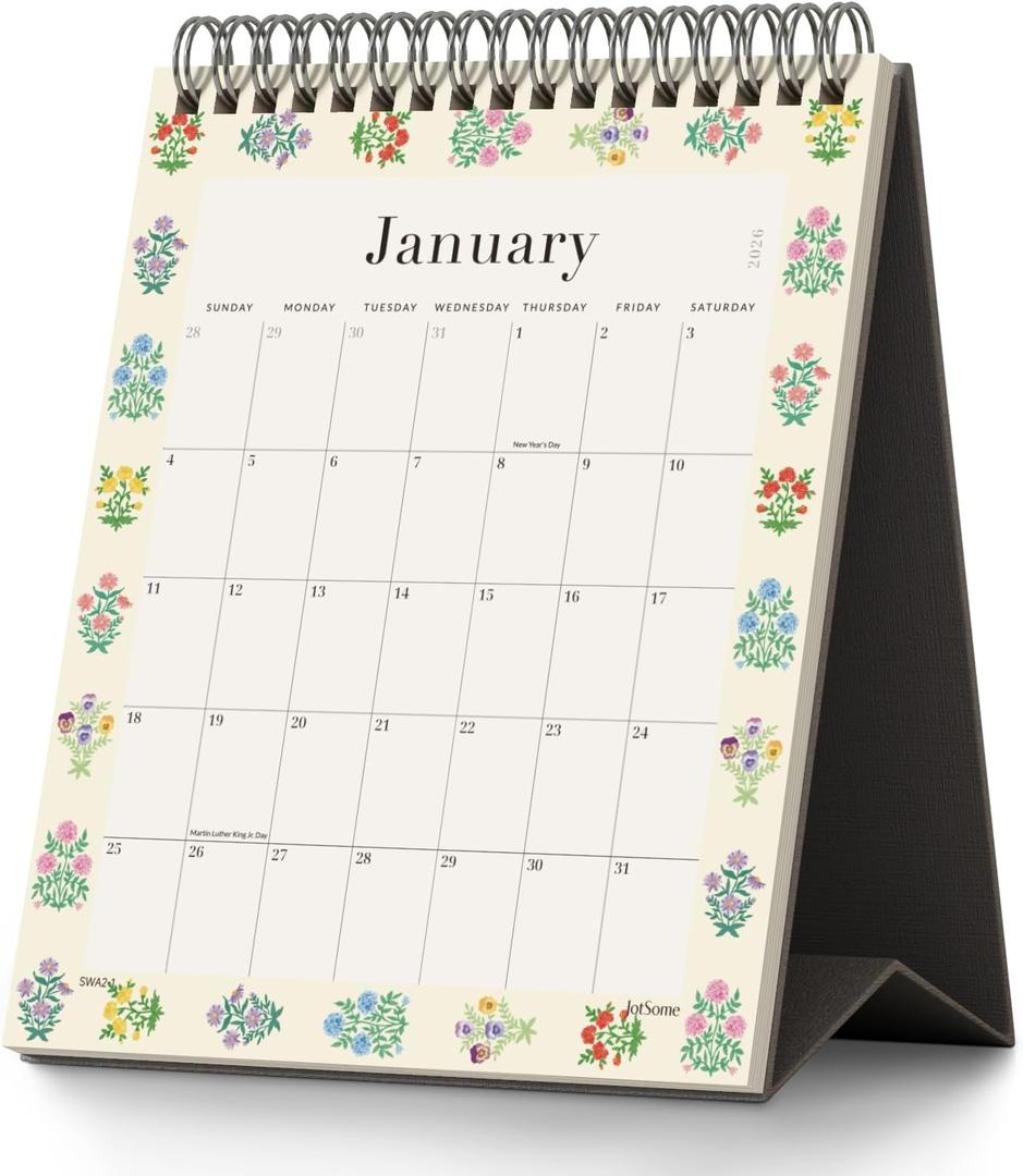 Jotsome Small Desk Calendar 2026-2027, Standing Flip Desktop Calendar Covers 18 Months from January 2026 - June 2027, 6 x 7.5, Twin-Wire Binding, Floral Design Small Desk Calendar for Easy Organizing, Gift for the Holidays, Grey
