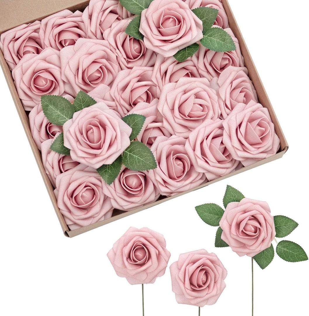Ling's moment Artificial Flowers 25Pcs Shabby Blush Roses Decor w/Stems,3" Real Touch DIY Foam Floral for Wedding Bouquet/Centerpieces, Outdoors Party Backdrop, Room/Table, and Garden/Pot Decorations