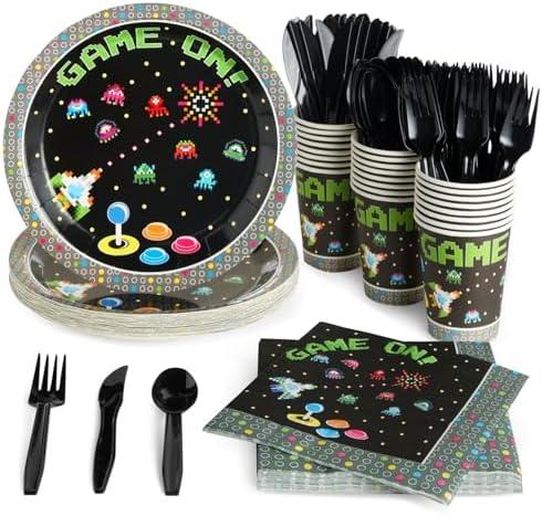 Juvale 144 Piece Retro Video Game Party Supplies Includes Plates, Napkins, Cups, and Cutlery for Arcade Birthday Party Decorations and Vintage Video Game Decor (Serves 24)